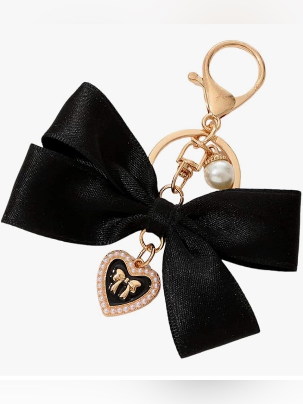 Black Bow Pearl Heart Bag Charm Keychain-New